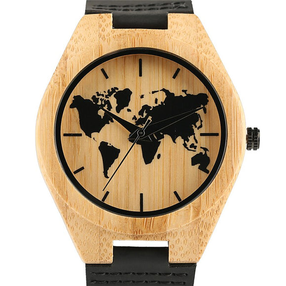 Men's Bamboo Watch World Map Pattern Display Hot Fashion Men Genuine Leather Wristwatch Cool Natural Clock Gift New Arrival 2020