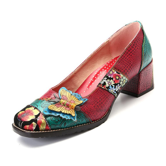 Vintage Genuine Leather Colorful Stripes Splicing Geometric Pattern Comfortable Slip On Pumps Shoes Woman Pumps Spring