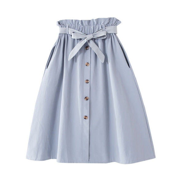 Single-breasted High Waist Cotton Midi Women Skirts With Pocket 2020 Summer Long White Skirt Solid Yellow Skirt Women Jupe Femme