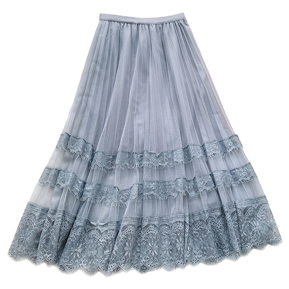 Spring Summer Long Skirt Women Clothing 2020 New Flower Embroidered Lace Mesh Skirts Sweet Pleated Tulle Skirt Faldas Saias