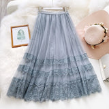 Spring Summer Long Skirt Women Clothing 2020 New Flower Embroidered Lace Mesh Skirts Sweet Pleated Tulle Skirt Faldas Saias