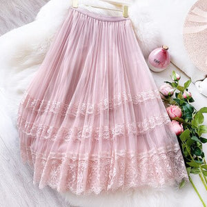 Spring Summer Long Skirt Women Clothing 2020 New Flower Embroidered Lace Mesh Skirts Sweet Pleated Tulle Skirt Faldas Saias