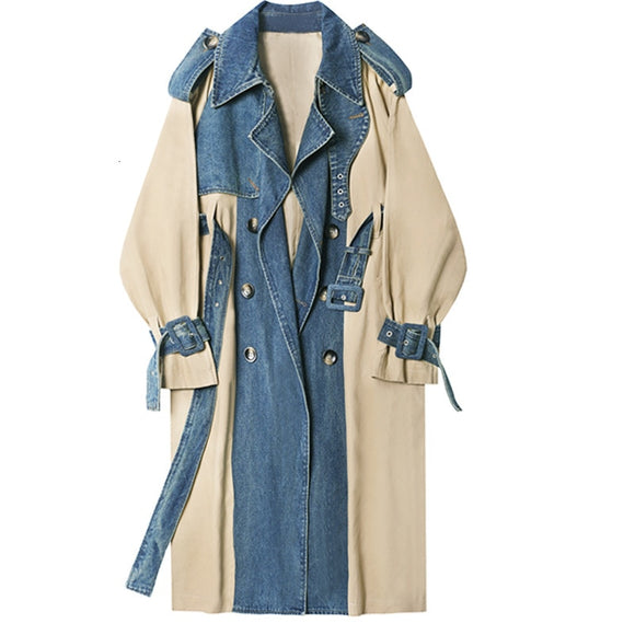 LANMREM 2020 new turn-down collar full sleeves denim patchwork kahki color contrast waist belts female windbreaker WJ29404L