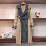 LANMREM 2020 new turn-down collar full sleeves denim patchwork kahki color contrast waist belts female windbreaker WJ29404L
