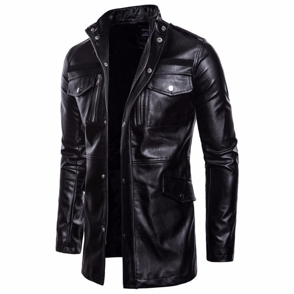 Men's Mid Long Leather Jacket Men Spring Autumn Motorcycle Biker Leather Jackets Coats Male Windbreaker Black Outwear 2020