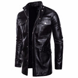 Men's Mid Long Leather Jacket Men Spring Autumn Motorcycle Biker Leather Jackets Coats Male Windbreaker Black Outwear 2020