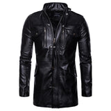 Men's Mid Long Leather Jacket Men Spring Autumn Motorcycle Biker Leather Jackets Coats Male Windbreaker Black Outwear 2020
