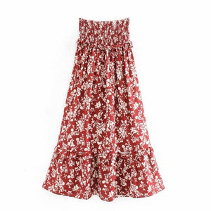 2020 women bohemian tropical red flower print ruffles long skirt faldas mujer ladies high wasit agaric lace chic skirts QUN566
