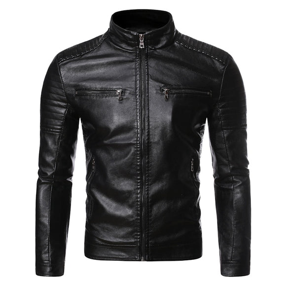 Men's Euramerican Casual Stand Collar Motorcycle Leather Jacket