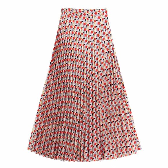 New 2020 Women Chic Geometric Print Pleated Skirt Side Zipper European Style Ankle Length Female Casual Long Skirts Mujer