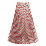 New 2020 Women Chic Geometric Print Pleated Skirt Side Zipper European Style Ankle Length Female Casual Long Skirts Mujer