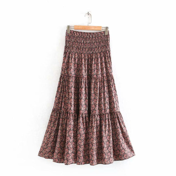New 2020 Euro women vintage floral print pleat long skirt female elastic waist big swing ruffle ankle length skirts mujer QUN608