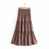 New 2020 Euro women vintage floral print pleat long skirt female elastic waist big swing ruffle ankle length skirts mujer QUN608