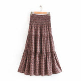 New 2020 Euro women vintage floral print pleat long skirt female elastic waist big swing ruffle ankle length skirts mujer QUN608