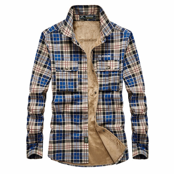 Shirt Men Plaid Flannel Shirts Mens Casual Autumn Winter Spring Thick Warm Fleece Cotton Long Sleeve Shirt 4XL Camisa Masculina