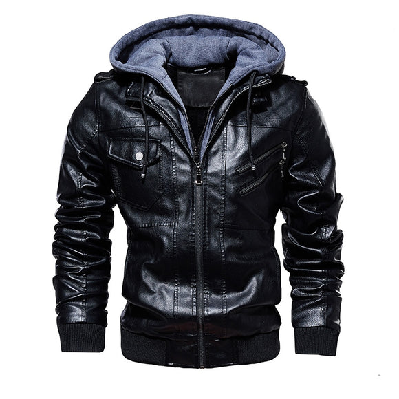 Men's  Autumm Motorcycle Leather Jacket Winter Men's Fashion Casual Hooded Imitation Jacket Men's Warm Leather Jacket
