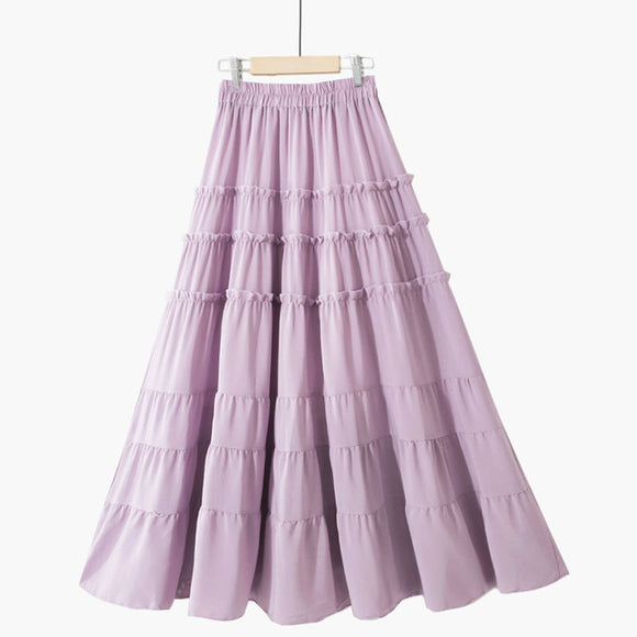 PEONFLY Beautiful Long Maxi Skirt Women Fashion 2020 Summer Korean A Line High Waist Tiered Chiffon Skirt Female Purple Yellow