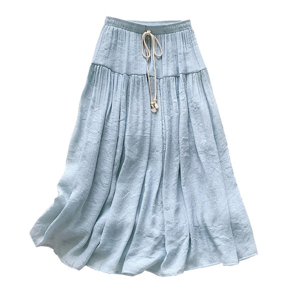 Faldas Mujer Moda 2020 New Summer Cotton Casual Lace Up Woman Skirts Patchwork Solid Pleated Long Skirts for Women Mujer Faldas