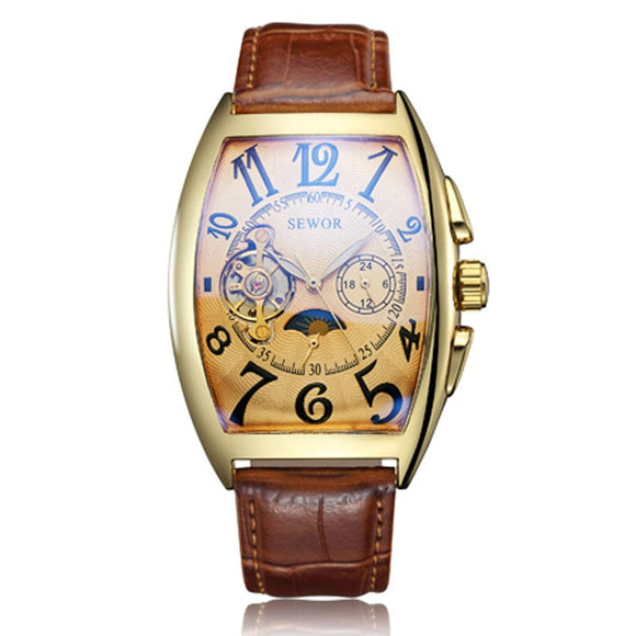 2020 Top Brand Luxury SEWOR Watch Tonneau Dial Tourbillon Automatic Mechanical Watch Fashion Men Watches Men Moon Phase reloj