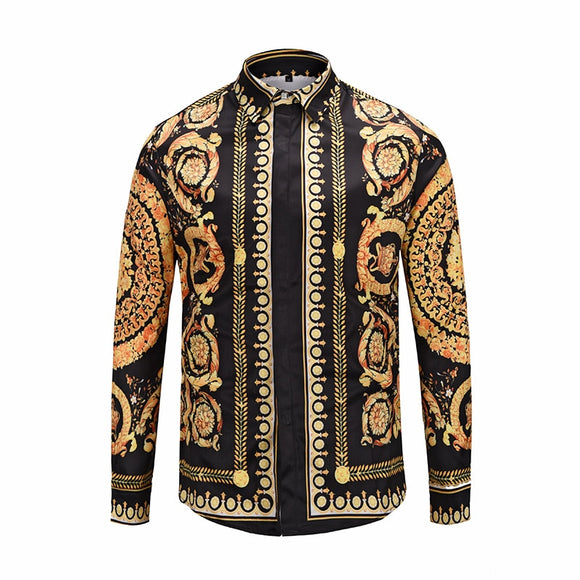 XIMIWUA 2019 Fashion New Men Shirts 3d Print Golden Flowers High Quality Hawaiian Shirt Casual Slim Fit Long Sleeve M to XXL